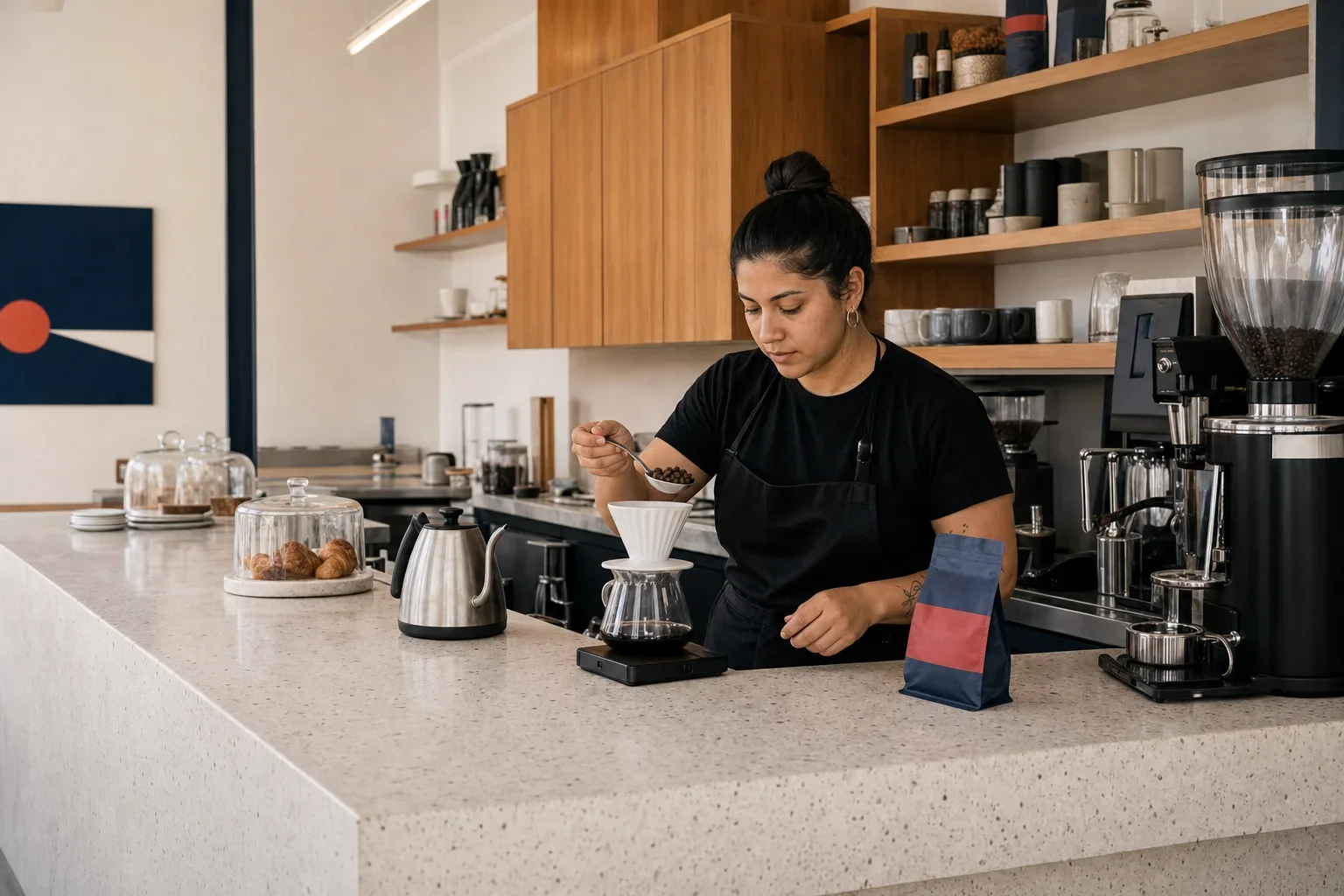 Barista preparando un café de filtro en la barra de BOYA 24