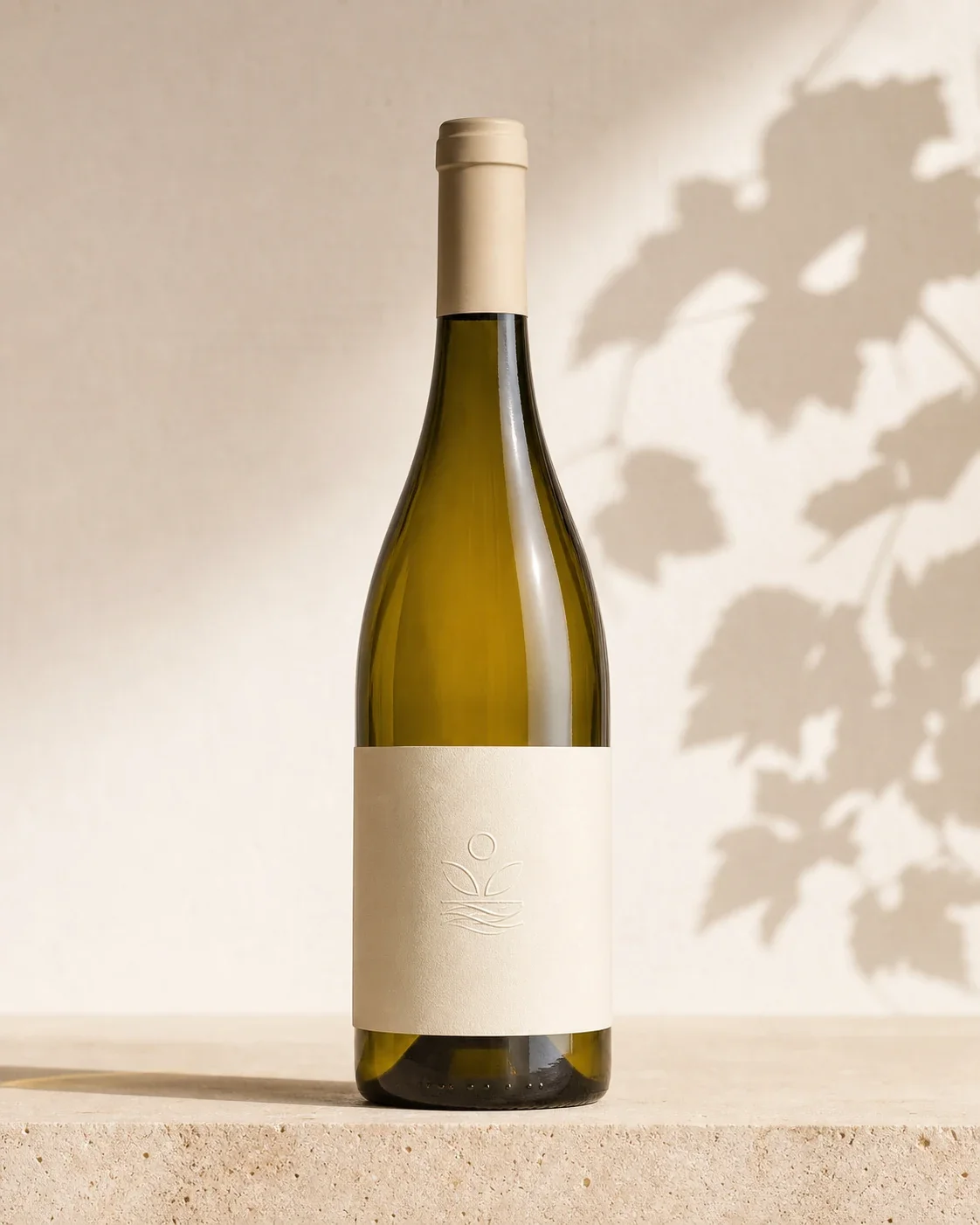 Botella de vino blanco Canto Sur Chenin Blanc fotografiada sobre piedra clara.