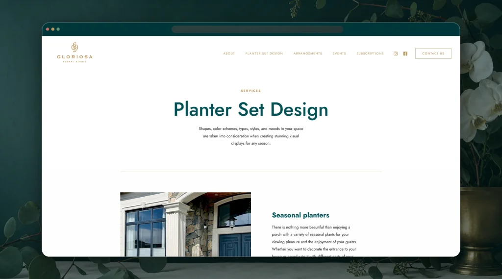 Página de diseño de macetas de Gloriosa Floral Studio