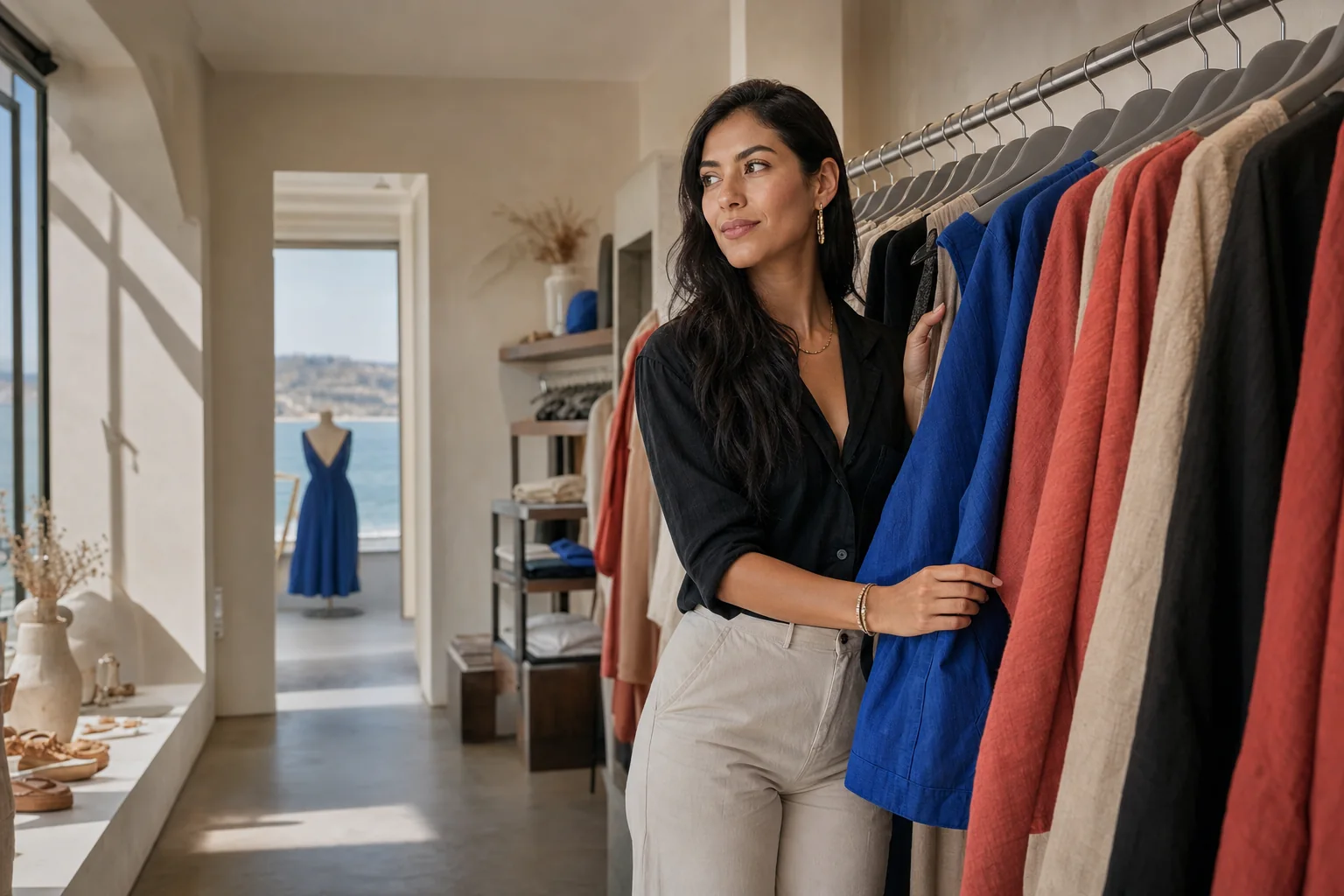 Mujer eligiendo una chaqueta azul en una boutique de ropa