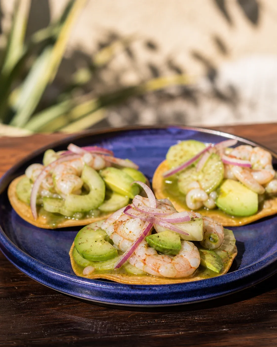 Tostadas de aguachile verde con camarón fresco, pepino, aguacate y cebolla.
