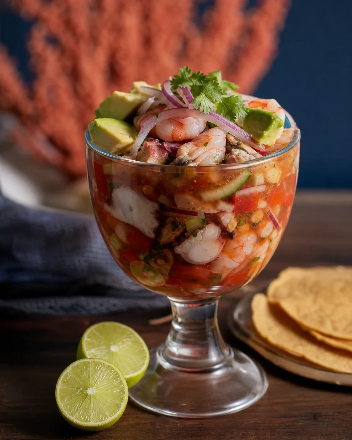 Cóctel de mariscos mixto en copa alta con camarón, pulpo y ostión.