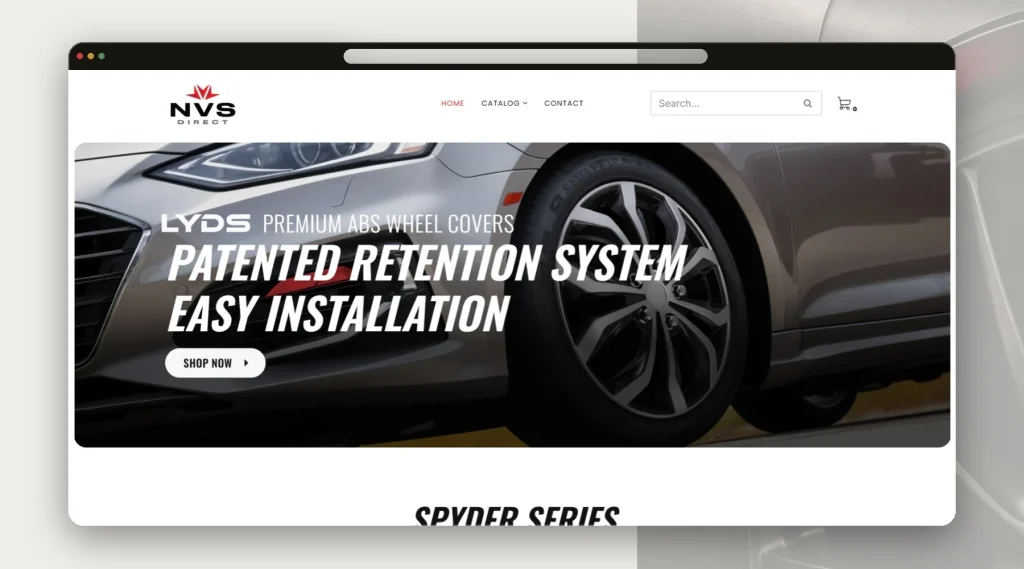 Página de inicio de NVS Direct con catálogo de tapones automotrices LYDS