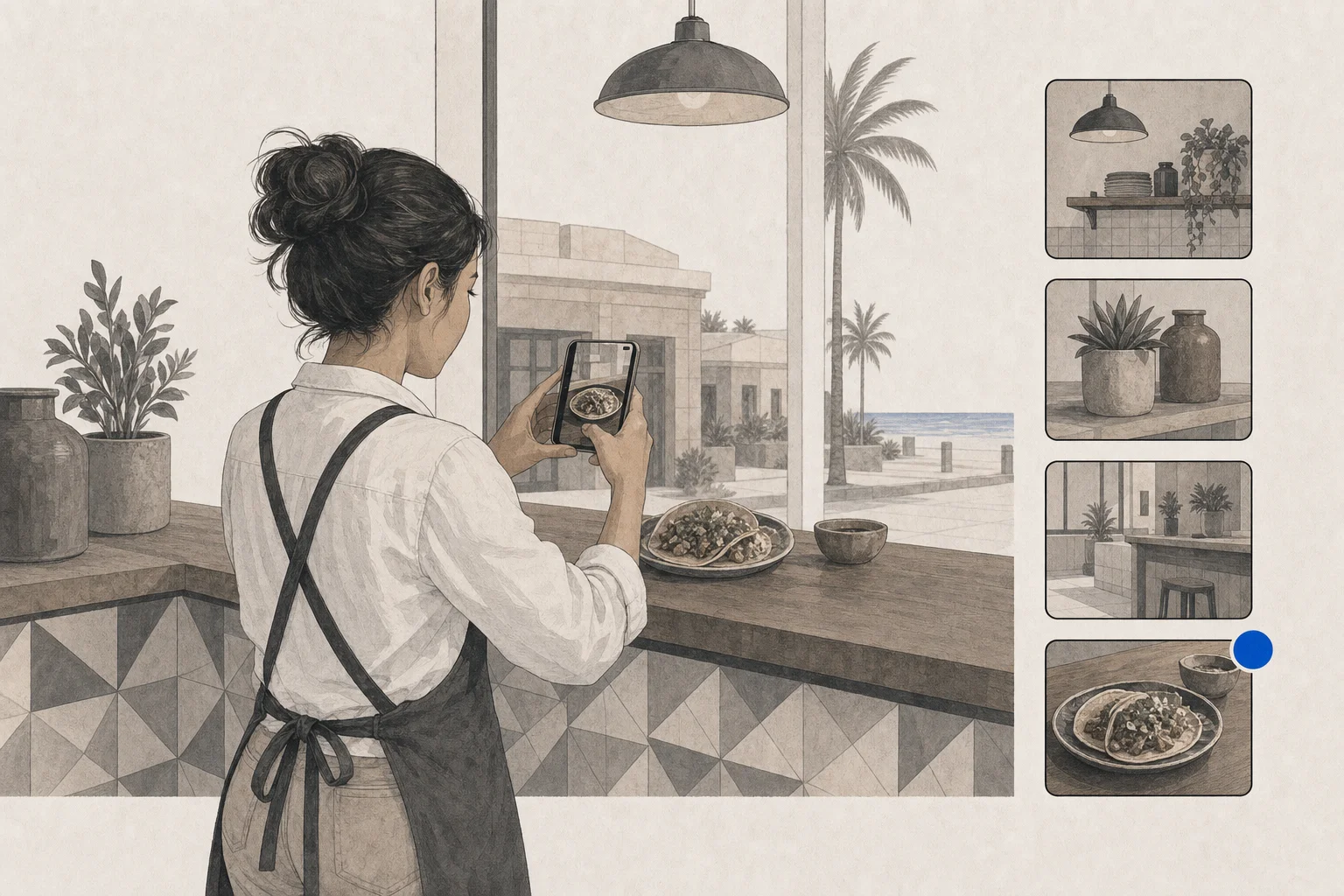 Dueña abre un pequeño negocio de Ensenada señalado en un mapa ilustrado.