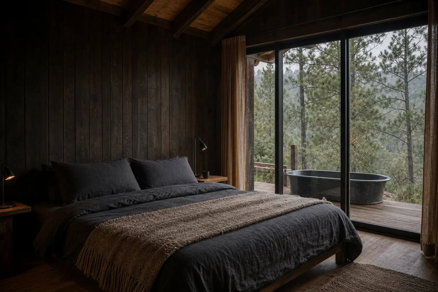 Recámara principal con cama queen y tina exterior frente a los pinos