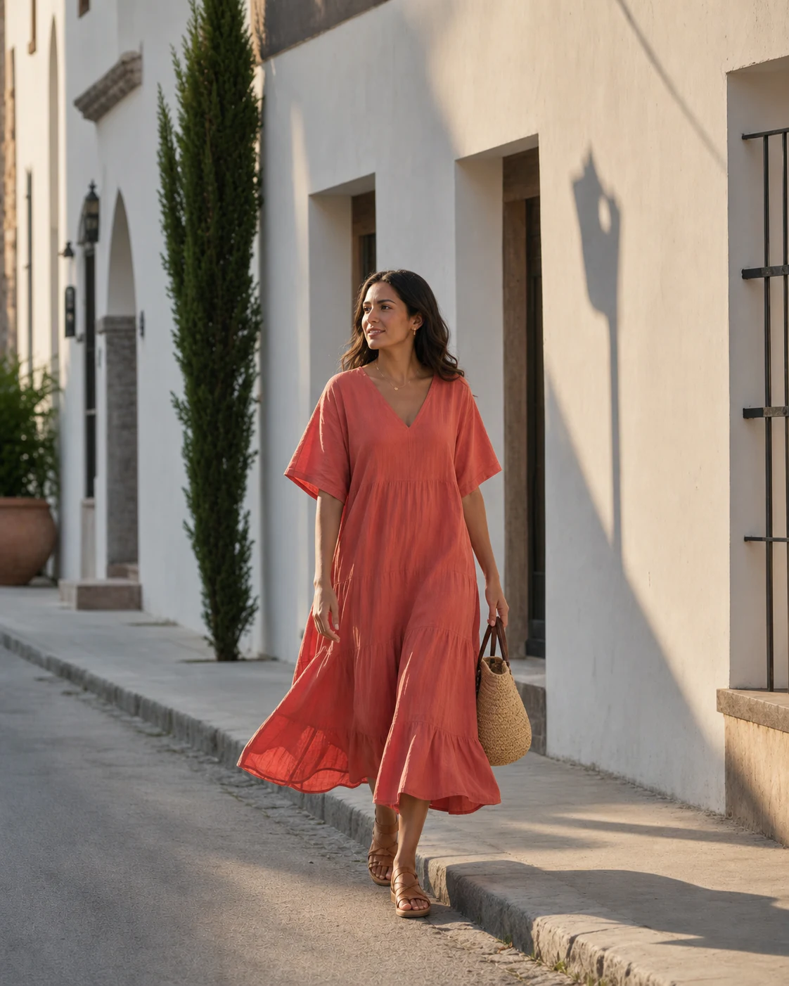 Mujer usando un vestido midi color coral de la colección Salina.